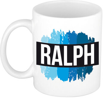 Bellatio Decorations Ralph naam cadeau koffie mok - beker - met blauw verfstrepen - Cadeau collega - vaderdag