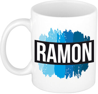 Bellatio Decorations Ramon naam cadeau koffie mok - beker - met blauw verfstrepen - Cadeau collega - vaderdag