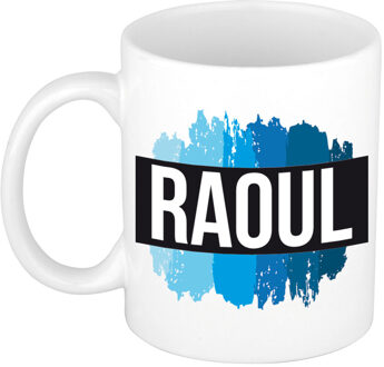 Bellatio Decorations Raoul naam cadeau koffie mok - beker - met blauw verfstrepen - Cadeau collega - vaderdag