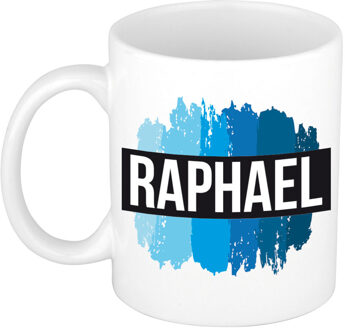 Bellatio Decorations Raphael naam cadeau koffie mok - beker - met blauw verfstrepen - Cadeau collega - vaderdag