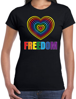 Bellatio Decorations Regenboog hart Freedom gay pride / parade zwart t-shirt voor dames - LHBT evenement shirts kleding / outfit L