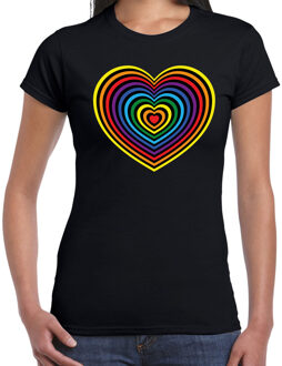Bellatio Decorations Regenboog hart gay pride / parade zwart t-shirt voor dames - LHBT evenement shirts kleding / outfit XS