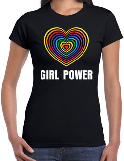 Bellatio Decorations Regenboog hart Girl Power gay pride / parade zwart t-shirt voor dames - LHBT evenement shirts kleding / outfit S