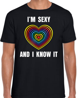 Bellatio Decorations Regenboog hart Sexy and I Know It gay pride / parade zwart t-shirt voor heren - LHBT evenement shirts kleding L