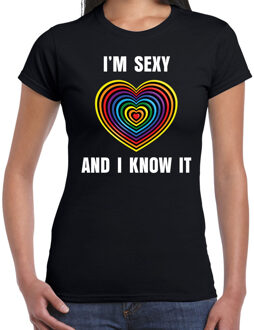 Bellatio Decorations Regenboog hart Sexy and I Know It gay pride zwart t-shirt voor dames