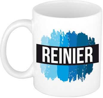 Bellatio Decorations Reinier naam cadeau koffie mok - beker - met blauw verfstrepen - Cadeau collega - vaderdag
