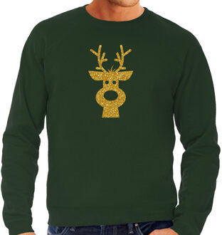 Bellatio Decorations Rendier hoofd Kerst sweater / trui groen voor heren met gouden glitter bedrukking