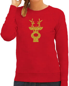 Bellatio Decorations Rendier hoofd Kerst sweater / trui rood voor dames met gouden glitter bedrukking S - kerst truien