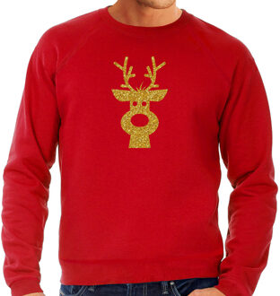Bellatio Decorations Rendier hoofd Kerst sweater / trui rood voor heren met gouden glitter bedrukking S - kerst truien