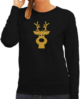 Bellatio Decorations Rendier hoofd Kerst sweater / trui zwart voor dames met gouden glitter bedrukking S - kerst truien