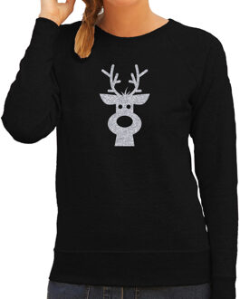 Bellatio Decorations Rendier hoofd Kerst sweater / trui zwart voor dames met zilveren glitter bedrukking XL - kerst truien