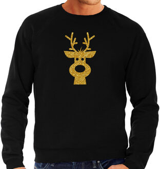 Bellatio Decorations Rendier hoofd Kerst sweater / trui zwart voor heren met gouden glitter bedrukking M - kerst truien
