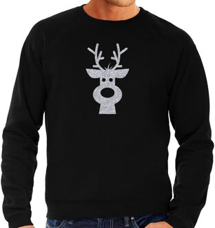 Bellatio Decorations Rendier hoofd Kerst sweater / trui zwart voor heren met zilveren glitter bedrukking