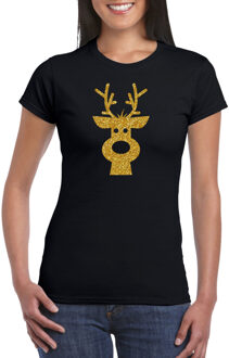 Bellatio Decorations Rendier hoofd Kerst t-shirt zwart voor dames met gouden glitter bedrukking 2XL