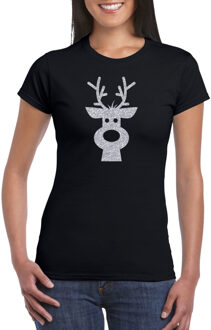 Bellatio Decorations Rendier hoofd Kerst t-shirt zwart voor dames met zilveren glitter bedrukking