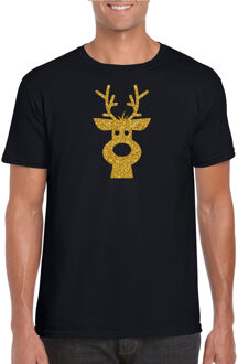 Bellatio Decorations Rendier hoofd Kerst t-shirt zwart voor heren met gouden glitter bedrukking 2XL