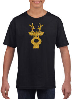 Bellatio Decorations Rendier hoofd Kerst t-shirt zwart voor kinderen met gouden glitter bedrukking L (140-152)