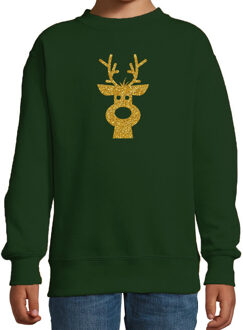 Bellatio Decorations Rendier hoofd Kerstsweater / Kersttrui groen voor kinderen met gouden glitter bedrukking 12-13 jaar (152/164) - kerst tr