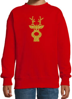Bellatio Decorations Rendier hoofd Kerstsweater / Kersttrui rood voor kinderen met gouden glitter bedrukking