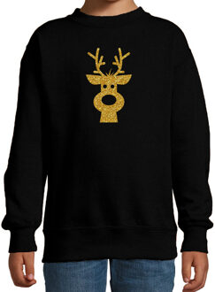 Bellatio Decorations Rendier hoofd Kerstsweater / Kersttrui zwart voor kinderen met gouden glitter bedrukking 9-11 jaar (134/146) - kerst tru