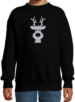 Bellatio Decorations Rendier hoofd Kerstsweater / Kersttrui zwart voor kinderen met zilveren glitter bedrukking 12-13 jaar (152/164) - kerst