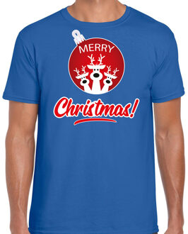 Bellatio Decorations Rendier Kerstbal shirt / Kerst t-shirt Merry Christmas blauw voor heren