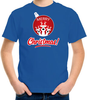 Bellatio Decorations Rendier Kerstbal shirt / Kerst t-shirt Merry Christmas blauw voor kinderen