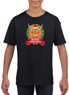 Bellatio Decorations Rendier kerstmis shirt zwart voor jongens en meisjes L (146-152) - kerst t-shirts kind