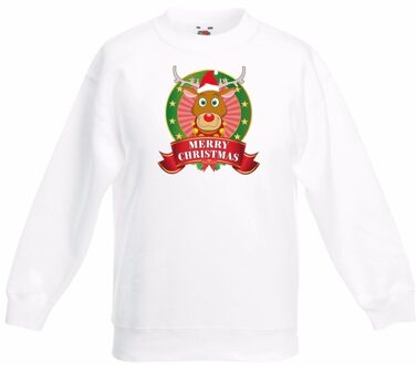 Bellatio Decorations Rendier Rudolf kerstmis sweater / Kersttrui wit voor jongens 9-11 jaar (134/146) - kerst truien kind