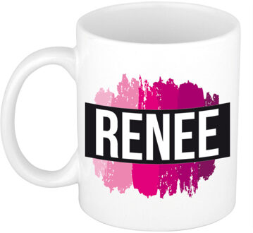 Bellatio Decorations Renee naam / voornaam kado beker / mok roze verfstrepen - Gepersonaliseerde mok met naam - Naam mokken