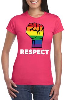 Bellatio Decorations Respect LGBT shirt met regenboog vuist roze dames 2XL