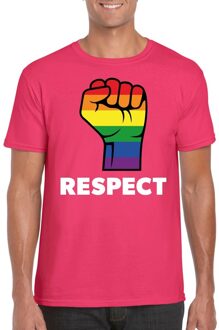 Bellatio Decorations Respect LGBT shirt met regenboog vuist roze heren L