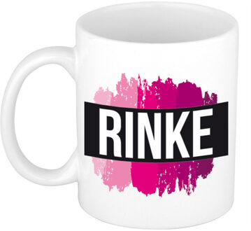 Bellatio Decorations Rinke naam cadeau koffie mok - beker - met roze verfstrepen - Cadeau collega - moederdag