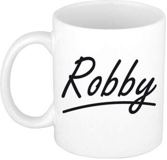 Bellatio Decorations Robby Naam koffiemok - beker - met sierlijke letters - wit - 300 ml - Cadeau - Heren