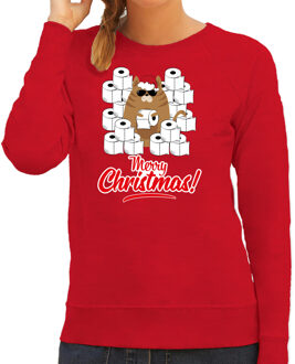 Bellatio Decorations Rode Kerststrui / Kerstkleding hamsterende kat Merry Christmas voor dames 2XL - kerst truien Rood