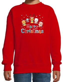 Bellatio Decorations Rode kersttrui / kerstkleding dierenvriendjes Merry christmas voor kinderen 3-4 jaar (98/104) - kerst truien kind Rood