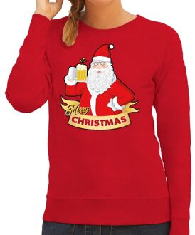 Bellatio Decorations Rode kersttrui / kerstkleding kerst man met een biertje voor dames XS (34) - kerst truien Rood