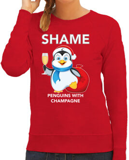 Bellatio Decorations Rode Kersttrui / Kerstkleding met pinguin Shame penguins with champagne voor dames 2XL - kerst truien Rood