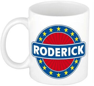 Bellatio Decorations Roderick voornaam koffiemok - beker - wit/blauw - 300 ml - Cadeau - Heren - Collega - Vaderdag Multi