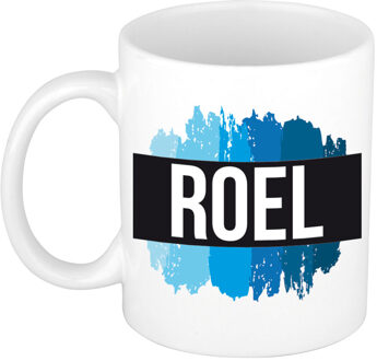 Bellatio Decorations Roel naam cadeau koffie mok - beker - met blauw verfstrepen - Cadeau collega - vaderdag