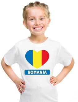 Bellatio Decorations Roemenie kinder t-shirt met roemeense vlag in hart wit jongens en meisjes s (122-128)