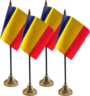 Bellatio Decorations Roemenie tafelvlaggetjes - 4x stuks - 10 x 15 cm - met gouden standaard - H27 cm - versiering