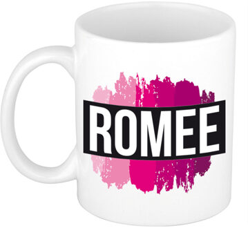 Bellatio Decorations Romee naam cadeau koffie mok - beker - met roze verfstrepen - Cadeau collega - moederdag