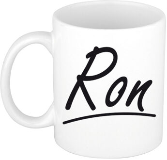 Bellatio Decorations Ron Naam koffiemok - beker - met sierlijke letters - wit - 300 ml - Cadeau - Heren