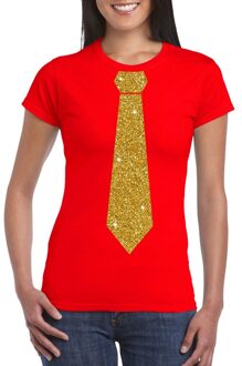 Bellatio Decorations Rood fun t-shirt met stropdas in glitter goud dames