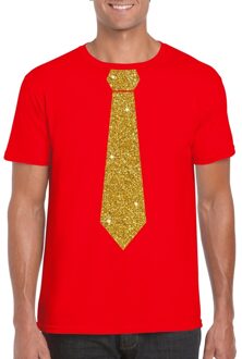 Bellatio Decorations Rood fun t-shirt met stropdas in glitter goud heren 2XL