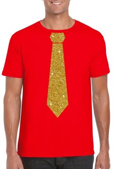 Bellatio Decorations Rood fun t-shirt met stropdas in glitter goud heren L