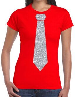 Bellatio Decorations Rood fun t-shirt met stropdas in glitter zilver dames L