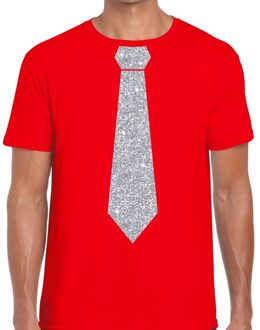 Bellatio Decorations Rood fun t-shirt met stropdas in glitter zilver heren