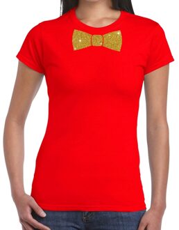 Bellatio Decorations Rood fun t-shirt met vlinderdas in glitter goud dames 2XL